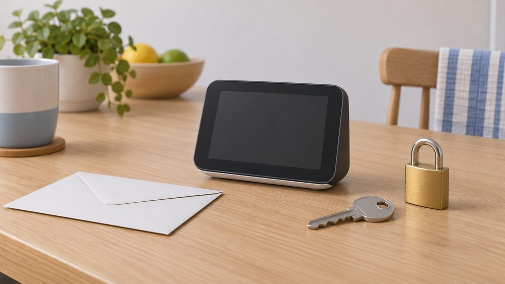 A small in-home display unit with a blank screen stands on a kitchen table beside a sealed envelope, a house key and a small padlock, suggesting a household's private energy records held securely.