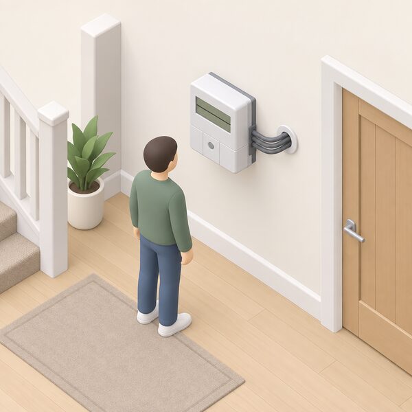 A simplified isometric view of a domestic hallway wall with a smart electricity meter mounted on it, its cables running into the wall, with a small plain-clothed figure standing nearby looking at the meter's blank display.