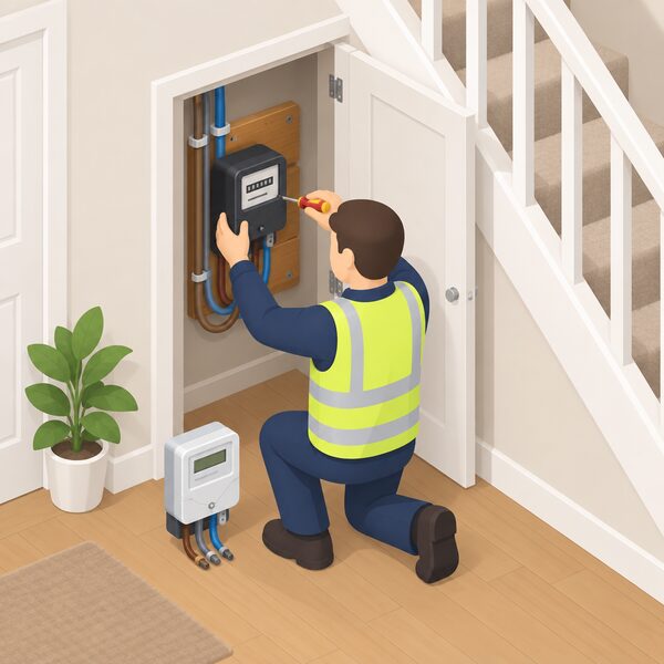 An installer at a UK home's meter cupboard, under the stairs or in the hallway, unscrewing and removing an old traditional electricity meter from its mounting board and fitting a replacement meter into the same position, with the supply cables and a screwdriver visible.