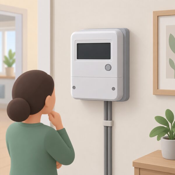 A wall-mounted smart electricity meter with a blank, dark display, shown in a home setting with no readings appearing on its screen.