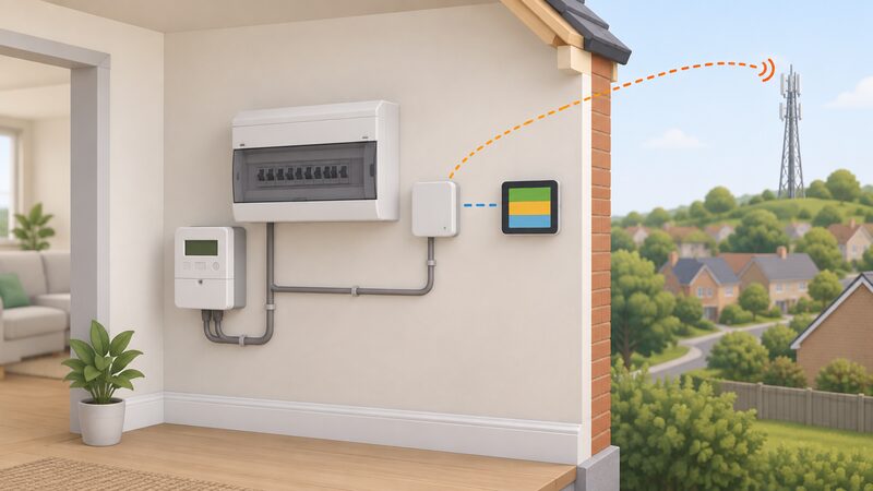 A cutaway wall corner of a UK home showing a smart meter communications hub and an in-home display mounted beside the consumer unit, with two separate signal paths leaving the hub: one to the display and one outward to a distant radio mast, with no broadband router in the data path.