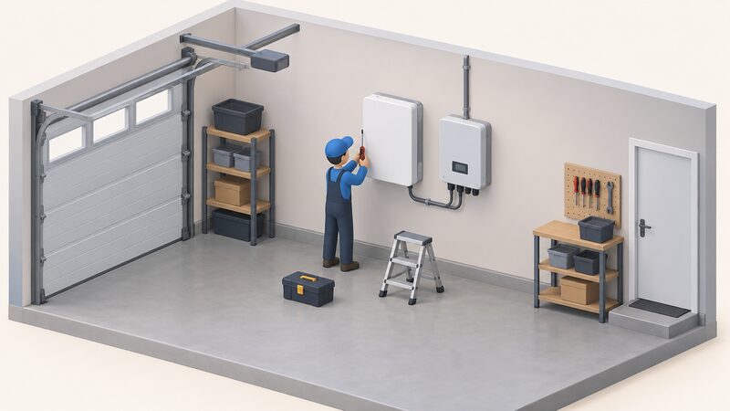 A garage interior in isometric view where a small installer figure fixes a wall-mounted AC-coupled battery cabinet beside an existing solar inverter on the same wall, with cabling between the two units and a conduit running up to the ceiling.