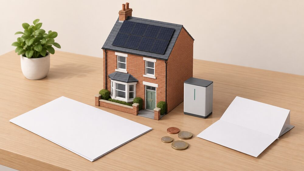A small model of a British terraced house with dark solar panels on its pitched roof and a small battery box beside it, standing on a table next to a blank bill, a folded document and a few coins.