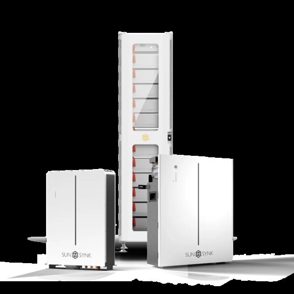 A product photo of Sunsynk home battery storage units, including a tall rack of stacked battery modules and two wall-mounted battery cabinets