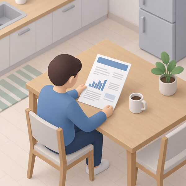 A paper electricity bill lying on a kitchen table beside a mug, drawn as a physical document with a plain colour header band, a simple bar chart and blank lines where figures would appear, with a simplified isometric figure seated nearby reading it.