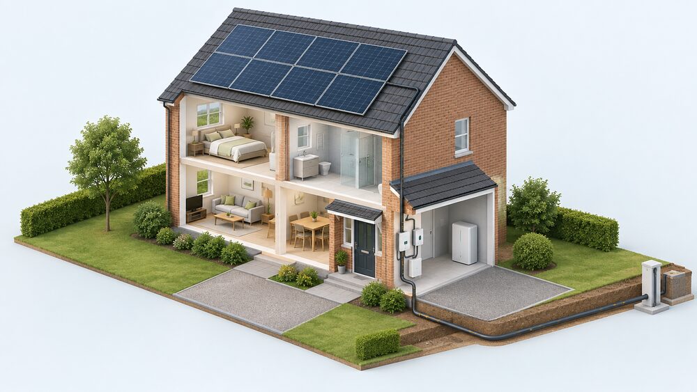 A cutaway of a UK house with solar PV panels on the roof, a battery storage unit in the garage or utility space, and a grid connection cable running from the house to the street, showing the household side of the meter.