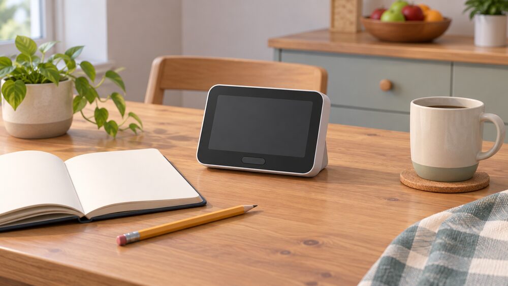 A standalone home energy monitor display with a blank screen standing on a kitchen table beside an open blank notebook and a pencil, with a mug nearby, showing the moment a householder begins the habit of measuring energy use.