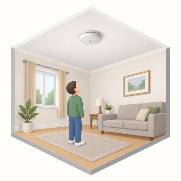 A round carbon monoxide detector mounted on a plain white ceiling of an ordinary UK room, shown in a simple cutaway view with a small isometric householder figure looking up at it, the detector drawn as a plain disc with a simple indicator light and no markings.