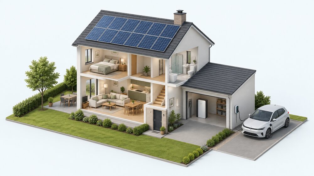 A cutaway house with solar panels on its roof, a wall-mounted EV charge point on the outside wall beside the drive, a cable running from the charge point to an electric car parked on the drive, and a home battery in the garage.