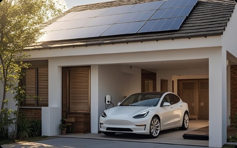 A white electric car charging on a wallbox in a modern carport with rooftop solar panels