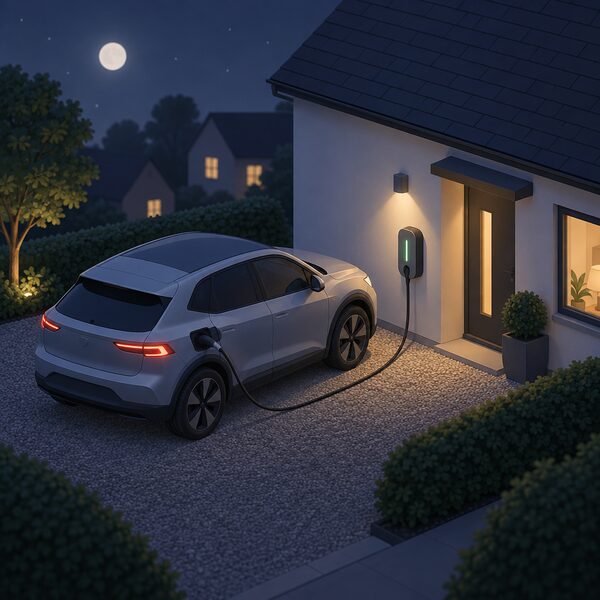A dark night-time scene of an electric car parked on a driveway beside a house, its cable running from the car's charging port to a wall-mounted home charge point on the exterior wall, with a soft glow suggesting the single long overnight off-peak charging window.