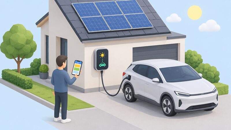 A wall-mounted EV smart charger on a house exterior with its display showing a car charging from solar generation, beside a smartphone held by a simplified figure showing a household energy app with plain colour blocks, the car plugged in below in daylight.