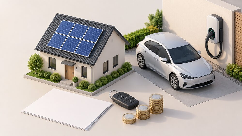 A small model house roof with solar panels stands beside a model wall-mounted EV charge point with a coiled cable, a car key and blank paperwork on a table, with a few coins laid out in front.