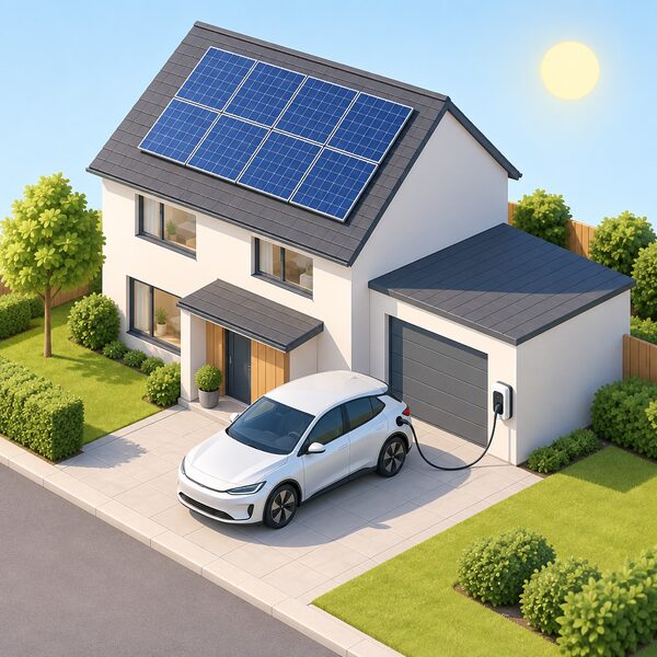 A simplified isometric view of an electric car parked on a house driveway in bright daytime sunshine, with rooftop solar panels on the house behind and a charging cable running from the wall-mounted charge point to the car, showing it absorbing midday generation.