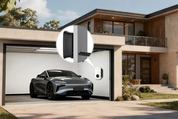 A wall-mounted home EV charger in a modern garage with an electric car, with an inset showing the charger mounted on the wall