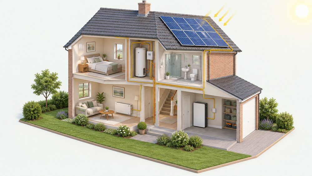 A cutaway house on a sunny day with solar panels on the roof, a home battery on the garage wall, a hot water cylinder with a diverter in the airing cupboard, and a storage heater against a living room wall, all connected by cable runs.