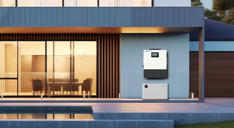A wall-mounted home battery inverter and floor-standing battery unit installed on the exterior wall of a modern house at dusk