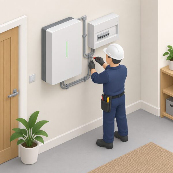 A qualified electrician in plain work clothing stands indoors beside a wall-mounted home battery storage unit, permanently wired, installed next to a domestic consumer unit on the same wall of a UK home.