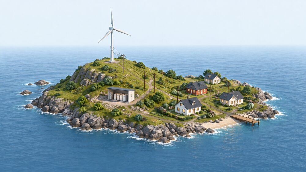 A small island scene with a wind turbine on rising ground, power lines running from it down to a small cluster of island houses, and a battery storage unit inside a small utility building beside the houses, with open sea around the island and no cable leaving it.