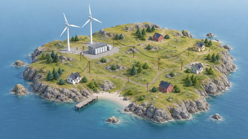 A small island seen from above with two wind turbines, a low battery building beside them, and a simple network of wooden poles and wires running across rough ground to a handful of scattered houses, with no cable leaving the island for the mainland.