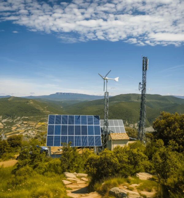A small off-grid renewable energy installation with ground-mounted solar panels, a small wind turbine and a telecom mast on a hillside