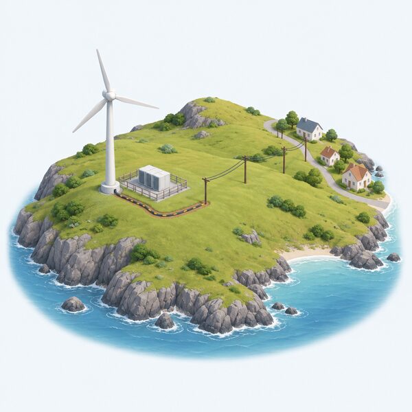 A small community wind turbine on a grassy island hillside with a battery storage unit in a small enclosure beside it, connected by a buried cable to a simple local power line running toward a few distant houses, shown as one combined scheme.