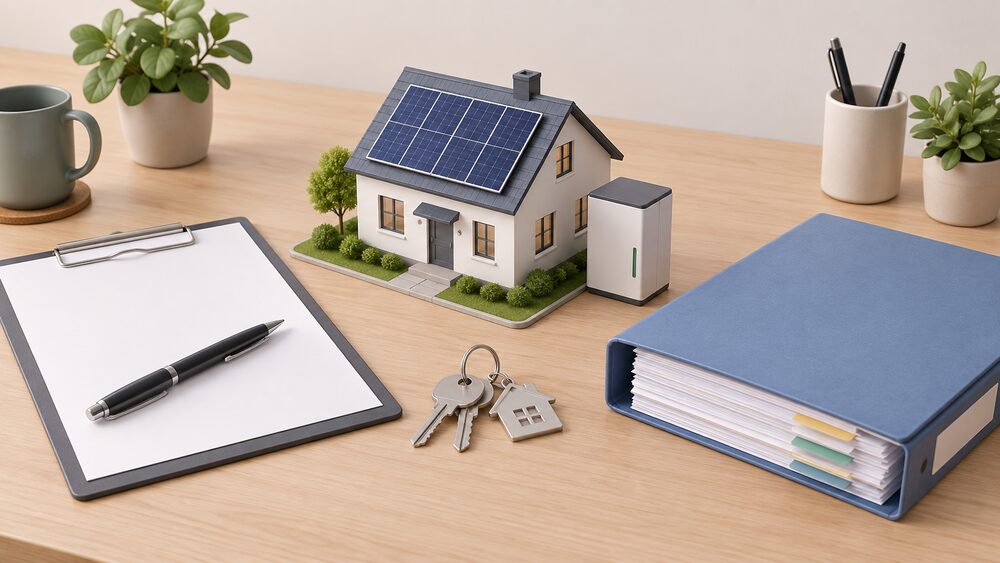 A small model of a rural house with solar panels on its roof and a battery box beside it, standing on a desk next to a blank mortgage application form, a clipboard with a pen, a set of house keys and a thick folder of installer paperwork.