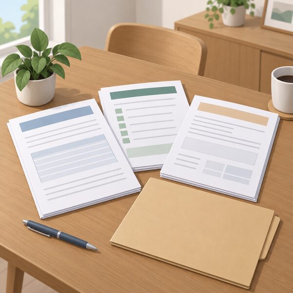 A neat stack of installer's paperwork lying on a wooden table in a home setting: a quotation document, a compliance report sheet and a project information form, each shown with blank lines and plain colour blocks, beside a pen and a folder ready to send to a lender.
