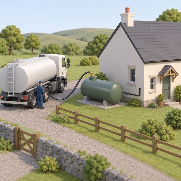 An oil or LPG storage tank standing outside a simple off-grid rural home, with a delivery hose from a tanker filling it, showing the bulk fuel delivery the household must fund and disclose to its insurer.