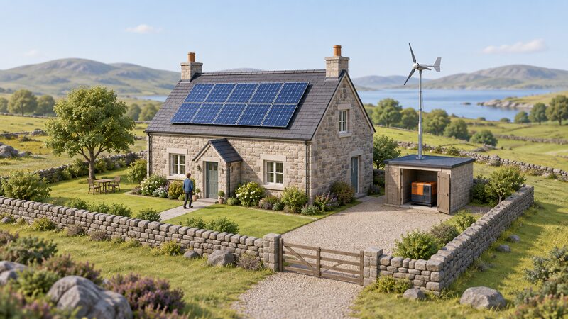 A small rural stone cottage with solar panels on its pitched roof and a small pole-mounted windcharger beside it, with a low generator shed visible at the side of the property in open countryside.