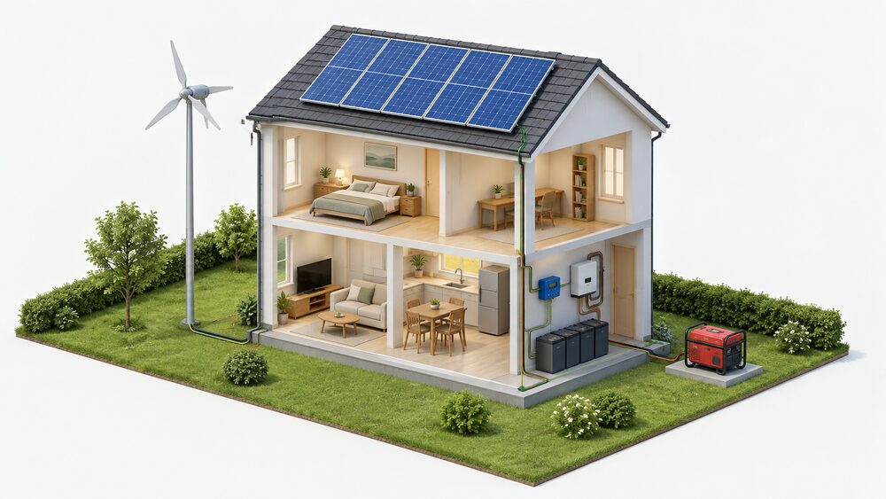 A cutaway of a small detached house with no mains connection: solar panels on the roof, a small wind turbine on a pole beside it, and inside a battery, a charge controller and an inverter on a utility-room wall connected by cables, with a fuelled backup generator standing outdoors.