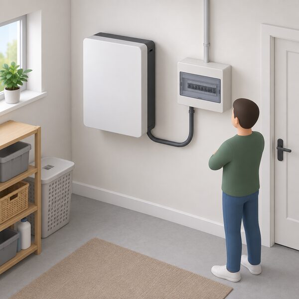 A wall-mounted home battery storage unit installed indoors on a utility room wall, with a cable running from it to the household consumer unit, shown as the essential store supplying the house when generation is low.