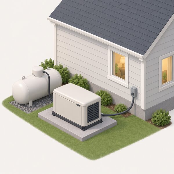 A small fuelled backup generator on a concrete pad beside the outside wall of a house, with a fuel tank nearby and a cable running into the building.