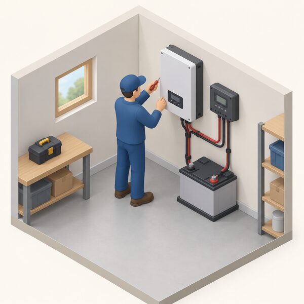 A service technician in plain work clothes standing indoors beside a wall-mounted inverter unit and a controller next to a battery, using a hand tool on the inverter in a simple utility room of an off-grid house.