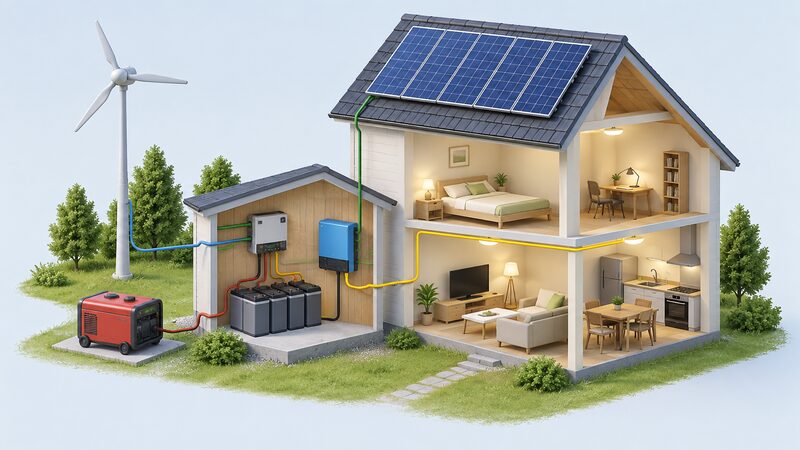 A simplified isometric cutaway of a small house with no mains connection, showing a rooftop solar array and a small wind turbine on a pole outside, cables running down to a charge controller and battery bank in an outbuilding or utility corner, an inverter feeding the house circuits, and a fuelled backup generator standing outside connected to the system.