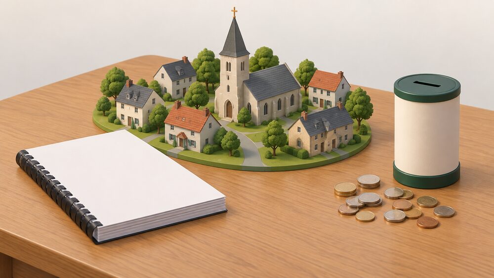 A small model village of houses with a church at its centre sits on a wooden table beside a thick bound report with blank pages, a collection tin and a scatter of coins, representing a community-funded village plan.