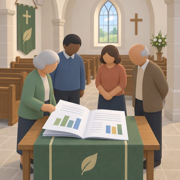 A printed zero carbon report lying open on a table inside a village church, with a few simplified figures standing nearby leafing through its pages, plain bar charts and blank lines on the pages, pews and a simple arched window behind.