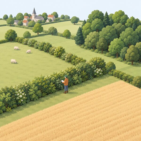 A view across the parish countryside showing a long hedgerow running between fields alongside a small block of woodland, with a simplified isometric figure of a volunteer standing at the hedgerow edge observing and noting the vegetation as part of measuring the parish's carbon sequestration.