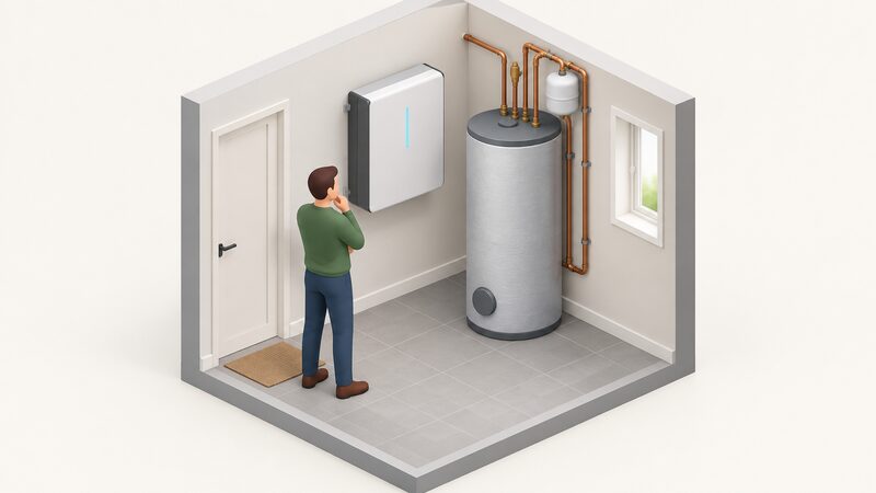 A small isometric utility room scene showing a wall-mounted home battery unit fixed high on the wall beside a large insulated hot water cylinder standing on the floor, with a simplified figure inspecting the two stores side by side.