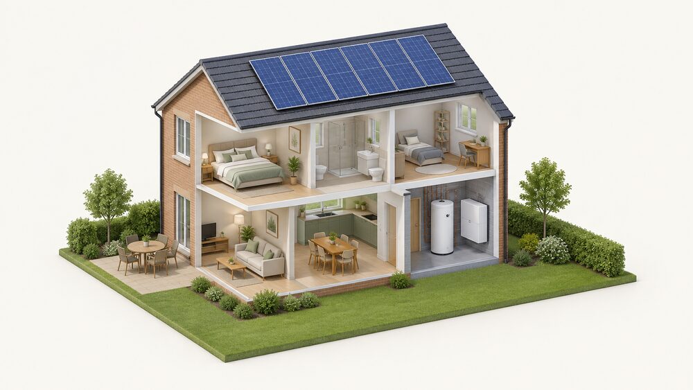 A cutaway house with solar panels on the roof, a home battery mounted on the wall of a garage or utility space, and a large insulated hot water cylinder standing nearby in the same utility space, connected by simple wiring and pipework.