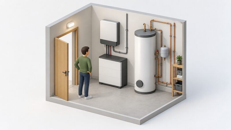A tidy home plant room shown in isometric view with a wall-mounted solar inverter, a floor-standing home battery beside it and a tall hot water cylinder with pipework, all arranged together in one room.