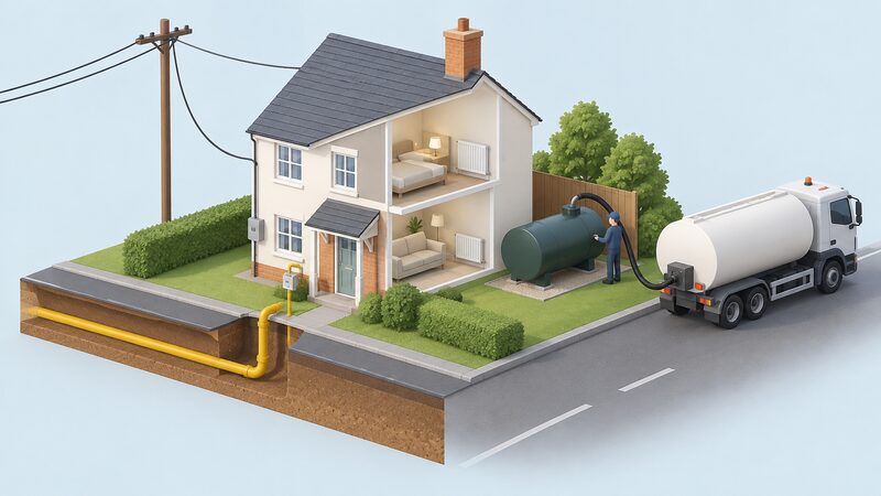 A simplified isometric UK house shown with three energy inputs arriving at it: an underground gas main pipe entering from the street, an electricity cable from an overhead network line, and a road tanker delivering liquid fuel to a tank beside the house, with plain colour shading distinguishing which inputs come via a network and which by road.