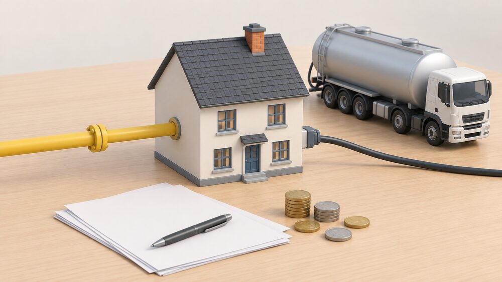 A small model house on a table with a gas pipe entering one side, an electricity cable entering the other, and a miniature road tanker parked beside it, with blank paperwork and a few coins laid in front of the house.
