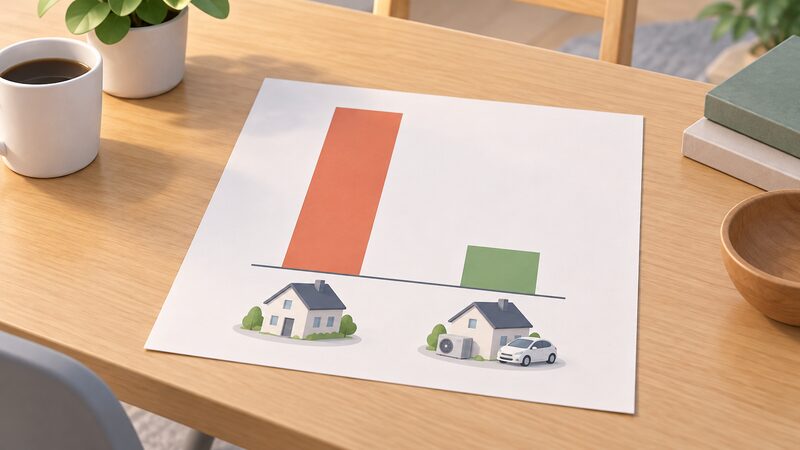 A printed chart sheet lying on a table showing two plain vertical bars side by side, a tall bar for a household without upgrades and a much shorter bar for an upgraded household with a heat pump and an electric vehicle, with no numbers or words on it.