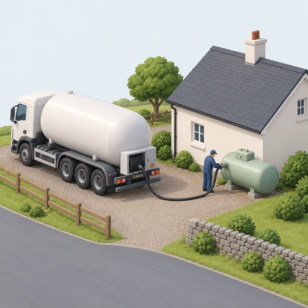 A road tanker parked at the edge of a rural house driveway, with a simplified driver figure at the rear connecting a delivery hose from the tanker to the household LPG storage tank standing beside the house wall.