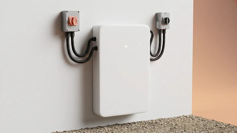 A white wall-mounted home battery storage unit connected by cables to two electrical boxes on a wall