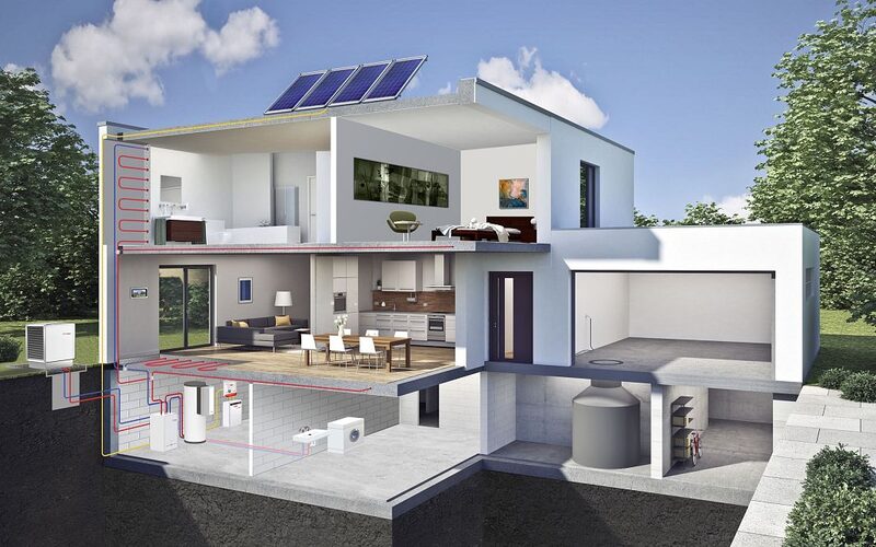 A cutaway illustration of a modern house showing a heat pump system with outdoor unit, indoor cylinder, underfloor heating pipes and rooftop solar panels