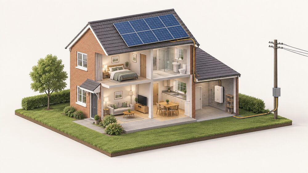 A cutaway of a modest UK house with solar panels on its roof, a battery on the wall of a garage or utility space, and a cable from the house connecting to the electricity grid outside, all still linked together.