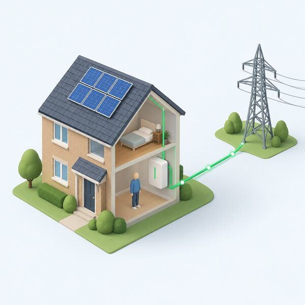 A simplified isometric cutaway of a modest UK house with a small plain figure standing inside beside a wall-mounted battery, rooftop solar panels above and a simple grid connection line running from the house out to a distant pylon, showing the home as one small node in the wider energy network.