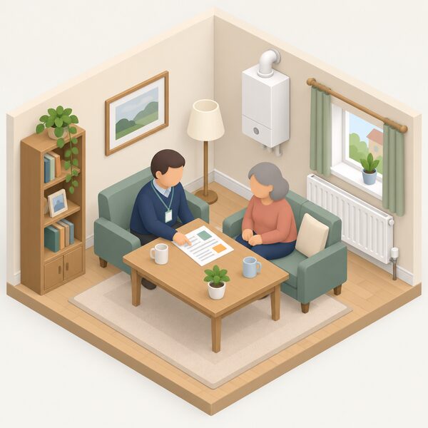 A small simplified isometric adviser sits at a living-room table in a UK home with a homeowner, pointing at a plain printed advice sheet showing only blank lines and simple colour blocks, with a radiator and boiler visible in the background of the room.